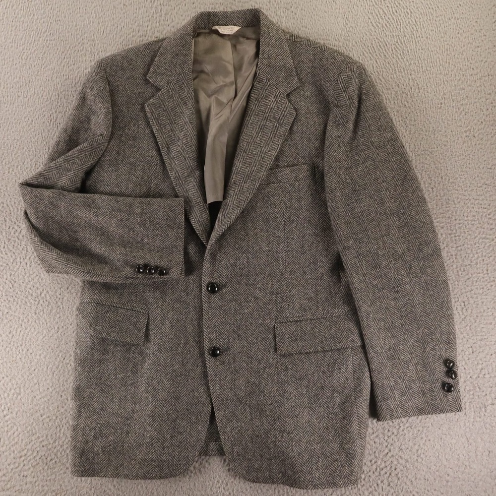 VTG Tweed Jacket 40R M Gray Herringbone 100% Wool Blazer Made in USA